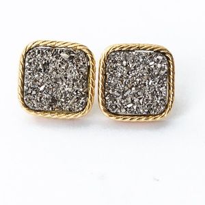14K yellow gold stud earrings 2 tone platinum tone drusy quartz by Vicenza gold